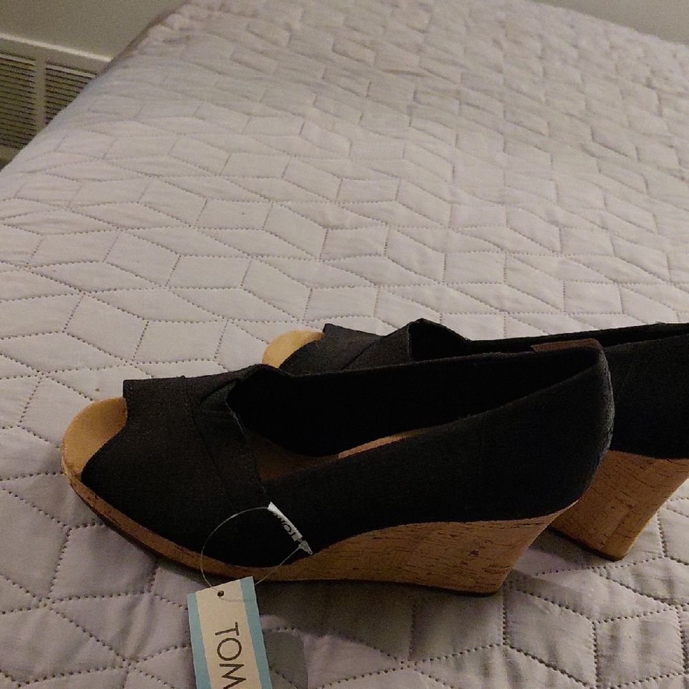 TOMS Black and Tan Wedge Peep Toe Shoes
